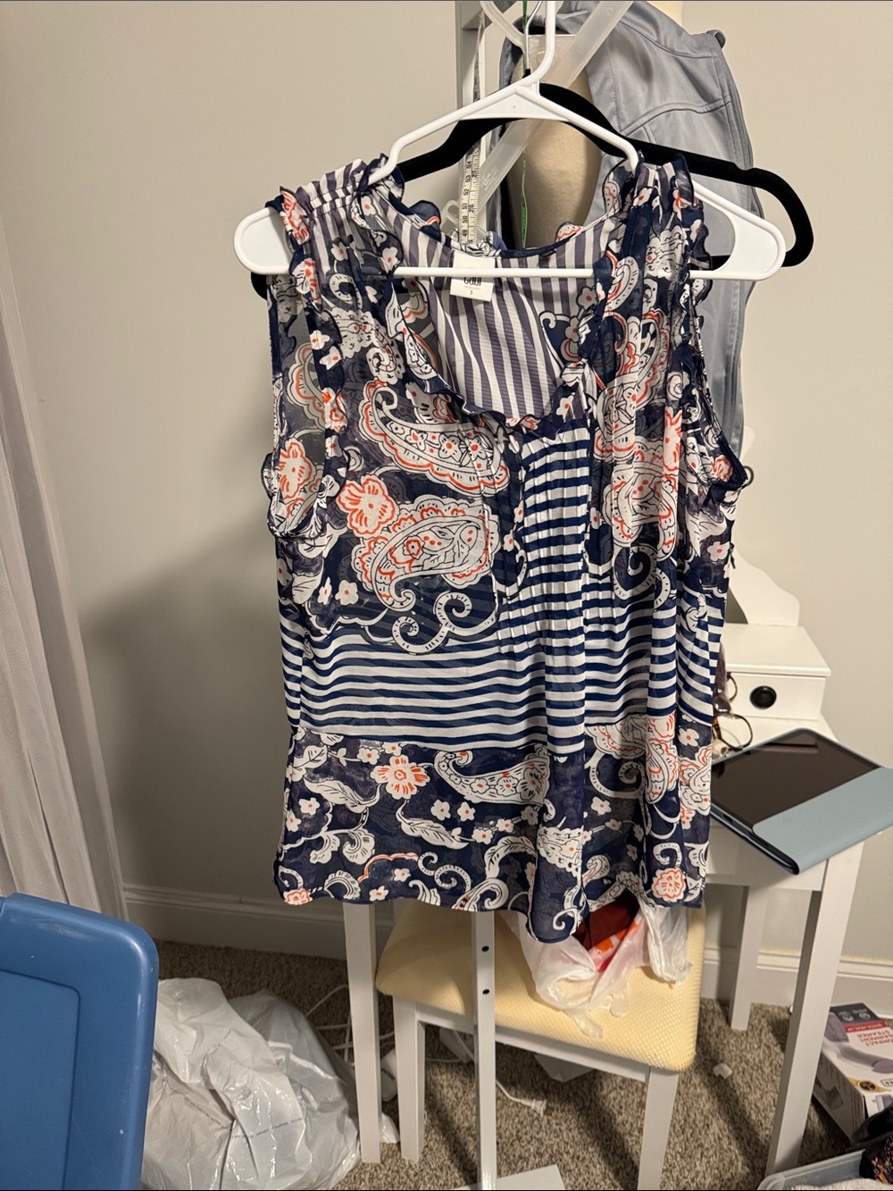 CAbi Navy Stripe & Paisley Ruffle Sleeveless Camisole